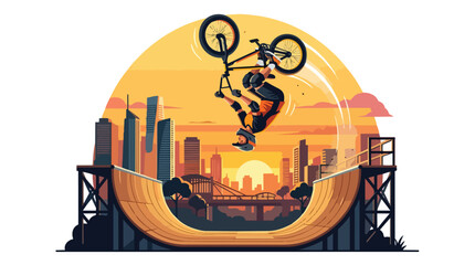 Obraz premium BMX cyclist performing a backflip stunt on a halfpipe ramp.