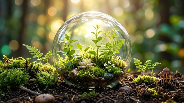 A small glass globe terrarium with lush green plants and moss on forest floor with sunlight filtering through trees