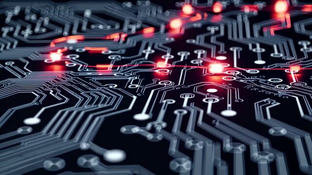 Close-up view of illuminated circuit board with intricate pathways and glowing red lights, showcasing electronic components and connections in a dark setting