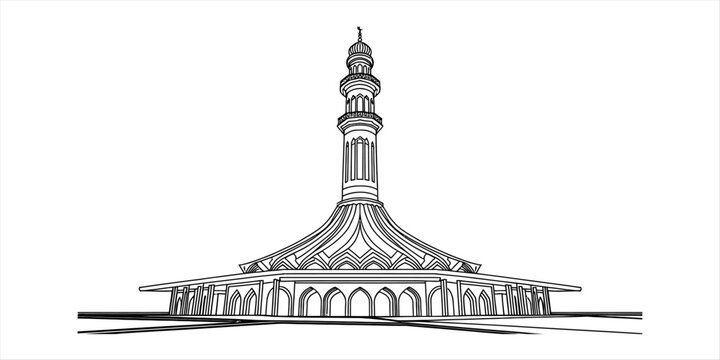 Black and white line art illustration of the minar e pakistan national monument building in lahore city with traditional architectural design details