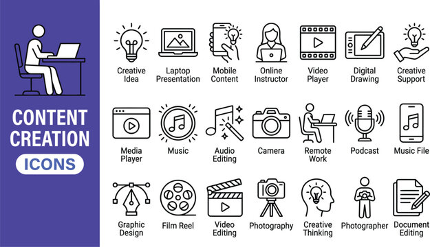 Content creation icon set for digital media production and graphic design with creation production photography