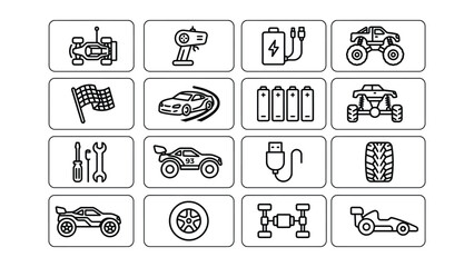 Fototapeta premium Black line icons of racing cars and accessories on white background
