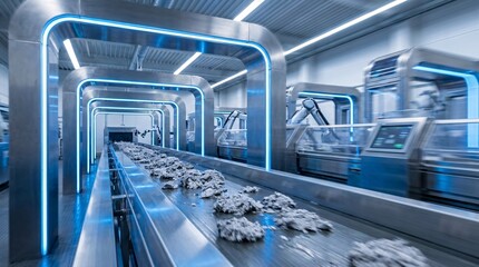 Fototapeta premium Robotic arms assemble products on a futuristic factory production line with machinery.