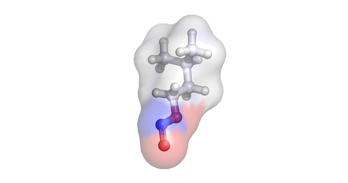 Isoamyl nitrite, inhalant ("poppers") vasodilator for emergency angina relief and toxicology research, 3D molecule 4K