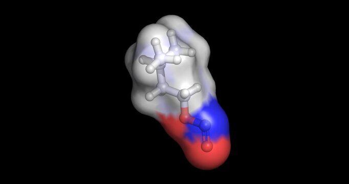 Isoamyl nitrite, inhalant ("poppers") vasodilator for emergency angina relief and toxicology research, 3D molecule 4K spinning