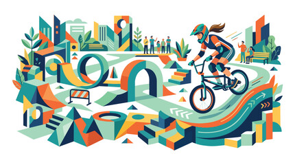 Obraz premium A cyclist riding a bicycle through an urban skatepark obstacle course.