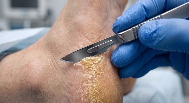 Professional podiatrist uses sharp surgical scalpel to remove thick calloused skin from patient heel in hospital clinic.
