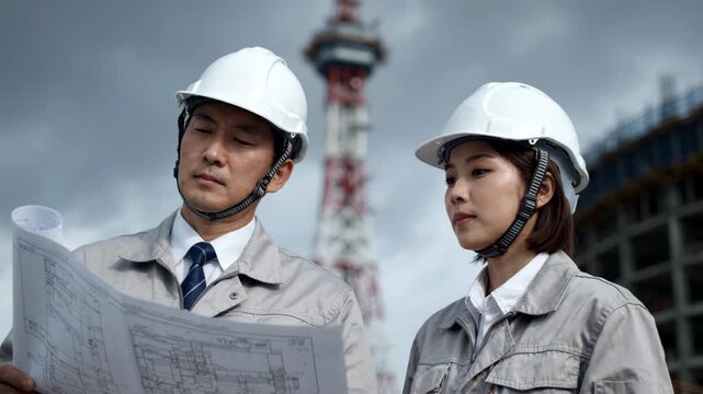 Architects reviewing blueprints and pointing at a highrise building project