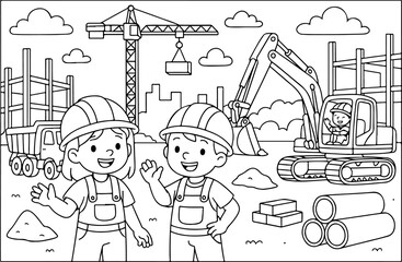 konstrukcja, kreskówkowy kontur rysowany ręcznie, ilustracja Line Art, kolorowanka dla dzieci