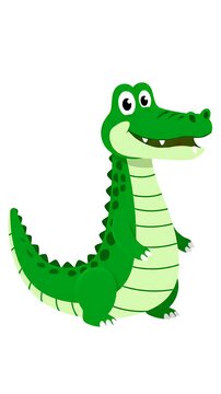 Green cartoon alligator standing on a white background, smiling with closed eyes, playful character