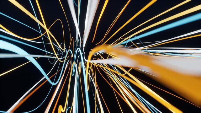 Abstract colorful light trails on black background. 3d rendering