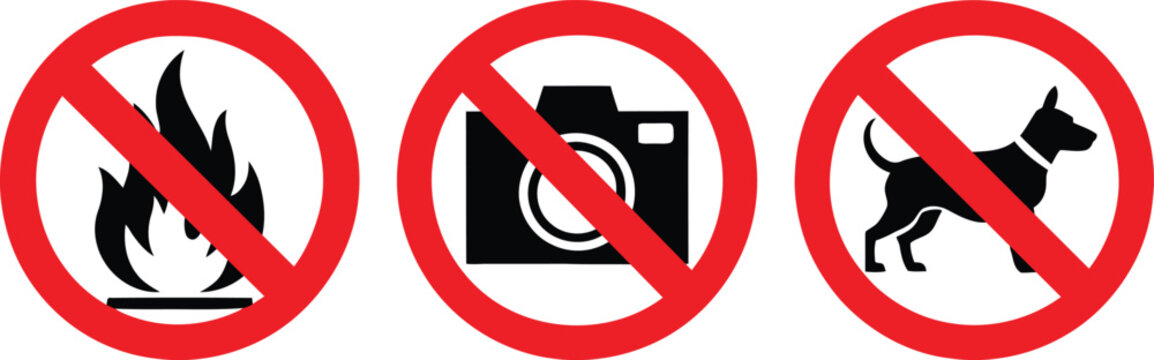 Three prohibition symbols no fire no camera no dogs vector icons
