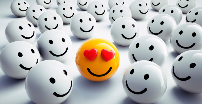 Happy yellow smiley with hearts on eyes in happy group of white smileys - 3D illustration
