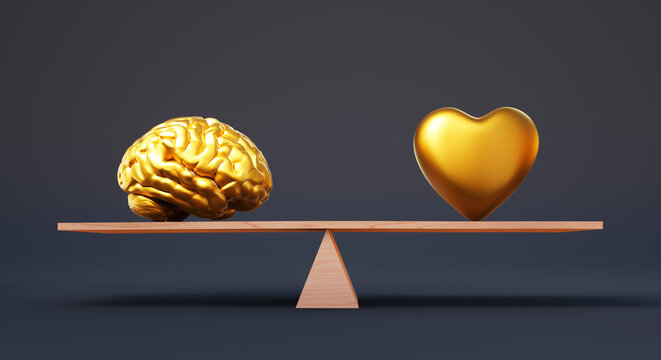 Golden heart and brain balance on wooden seesaw representing emotion and logic on dark background - 3D illustration