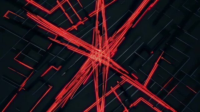 Abstract digital art featuring dynamic red lines forming a star pattern over a dark background, showcasing the progression of light and movement in a geometric design