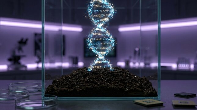 Glowing DNA double helix model on soil in a glass case in a lab