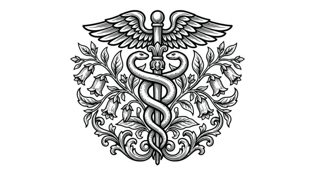 Medical emblem caduceus snake wings with floral leaves vector illustration.