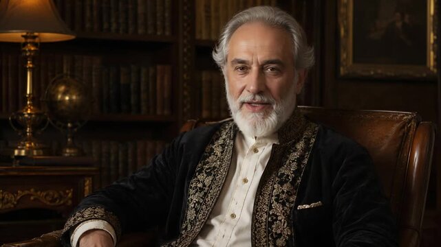 Distinguished Senior Gentleman in Ornate Formal Suit Sitting in Classic Library