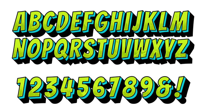 Alphabet and Numbers: Cartoon Style Font with Green Texture and Blue Outline