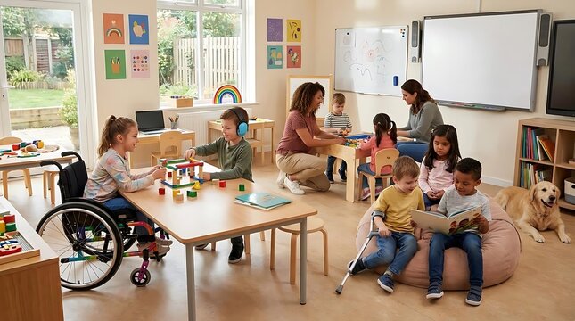 Children learning and playing together in inclusive classroom setting