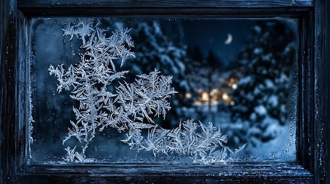 Intricate frost patterns on a winter window with a snowy forest and moonlit night scene