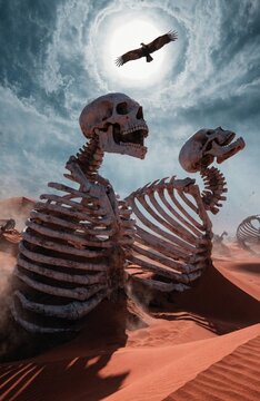 Colossal human skeletons emerging from red desert sand dunes under a dramatic sky with eagle soaring above, surreal apocalyptic wasteland concept, generative AI