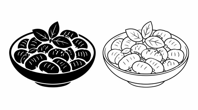 Gnocchi in a bowl icon set with basil, hand-drawn vector illustration