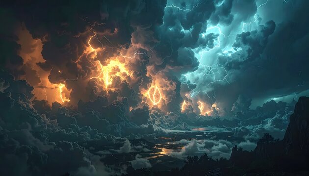 Dramatic storm with orange lightning and dark clouds.