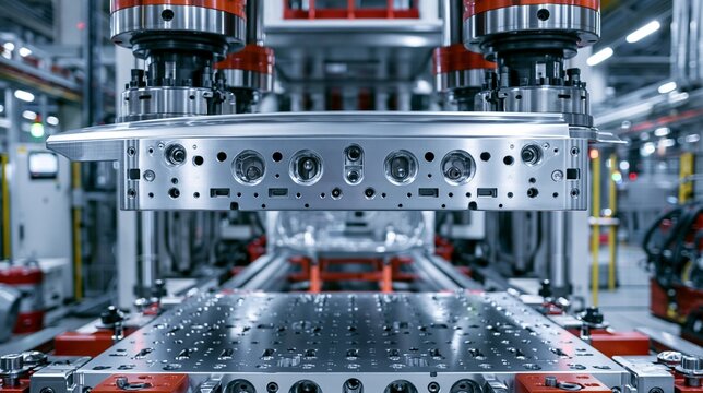 Medium frame capturing the stamping of an SUV outer door skin emphasizing the robust metal shaping and heavyduty press operation in the factory setting.