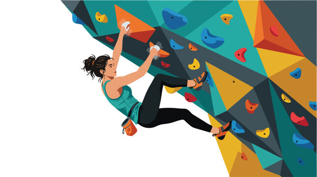 Athletic woman climbing a colorful indoor bouldering wall.