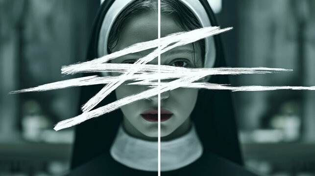 Creepy Dark Portrait of a Religious Nun with Censored Identity, Questioning Faith