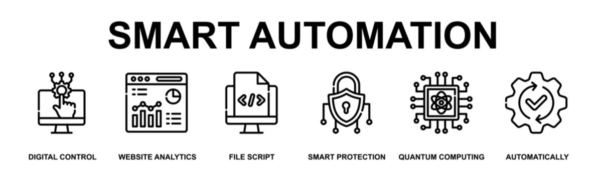 Smart Automation Banner Web Outline Icon Vector Illustration Concept for Technology with Icons of digital control, website analytics, file script, smart protection, quantum computing, automatically