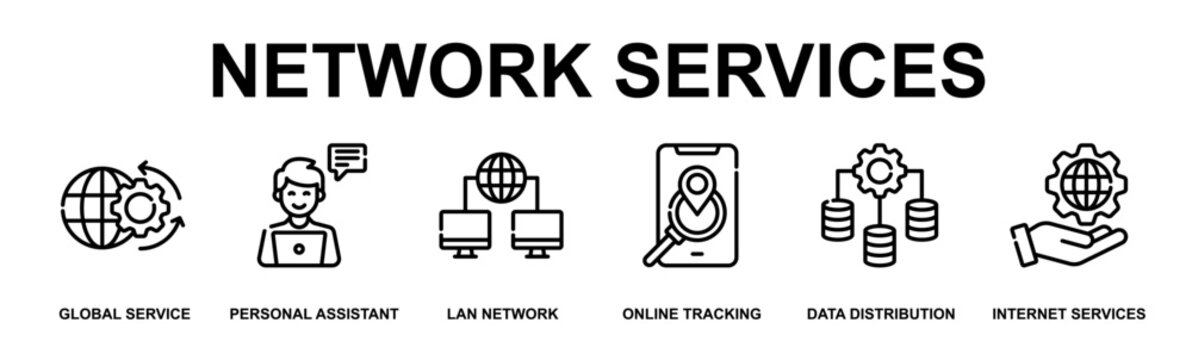 Network Services Banner Web Outline Icon Vector Illustration Concept for Technology with Icons of global service, personal assistant, lan network, online tracking, data distribution, internet services
