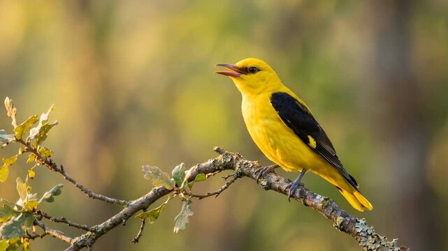 golden oriole close up in białowieża forest poland morning light video