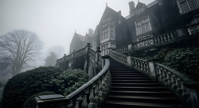 Moody travel photograph of an old gothic estate mansion shrouded in thick morning fog with majestic outdoor stone stairs