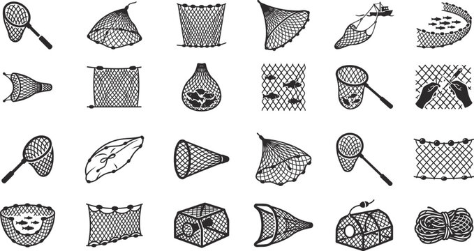 Fishing net and fish trap silhouette icons set