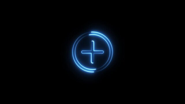 Glowing neon plus sign animation, digital ui interface abstract blue light symbol