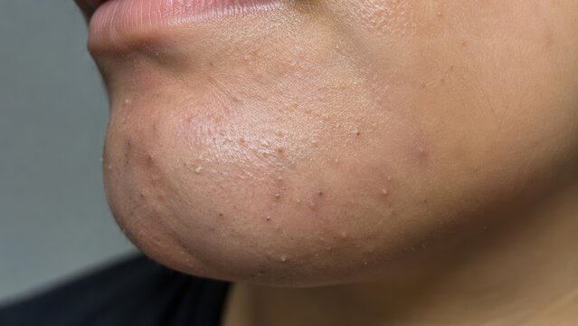 Close-up of human chin with acne bumps oily skin and inflammation showing skin condition problem