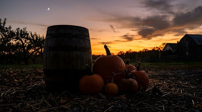 Thanksgiving campfire roasting marshmallows under sunset sky. Family outdoor autumn gathering with warm firelight and cozy holiday vibes
