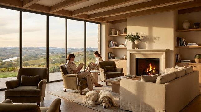 Peaceful living room with fireplace and scenic landscape view