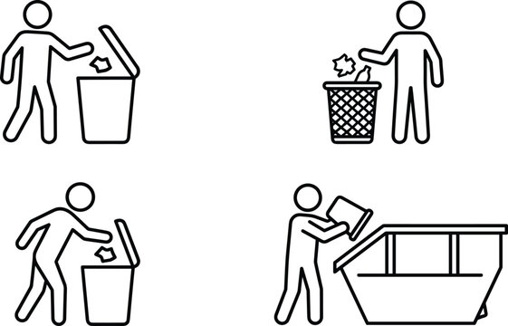 Garbage disposal and waste management line icon vector set showing person throwing trash into bin and skip container illustrations.