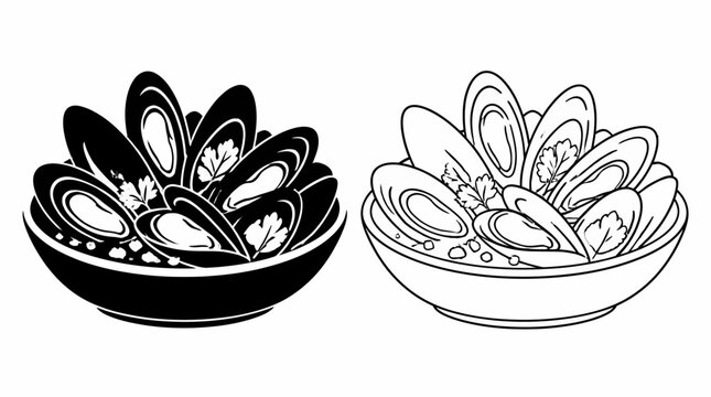 Mussels in bowl icon set, seafood illustration in black and white