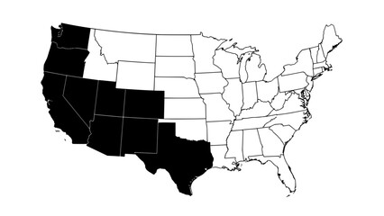 Fototapeta premium Black and White Vector Illustration of a Map of the United States with Select States Highlighted Featuring Usa, America, Country with Nation