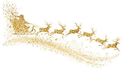 Golden glitter Santa Claus sleigh with flying reindeer isolated on transparent background © Sachal