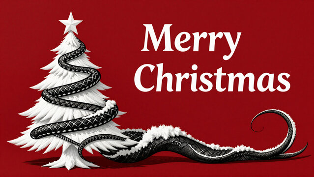 White Christmas tree wrapped in black tentacle on red background