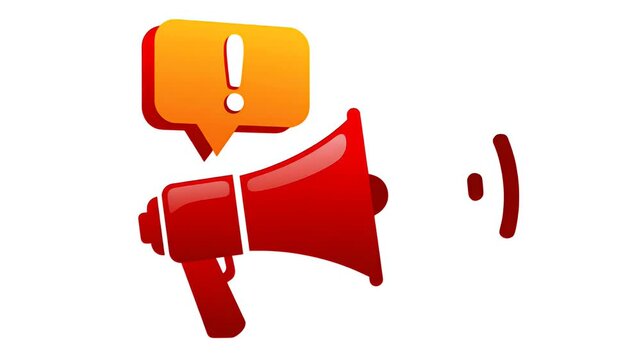 Animated megaphone with exclamation mark in speech bubble announcing important message, sound waves emanating, ideal for alerts and promotions