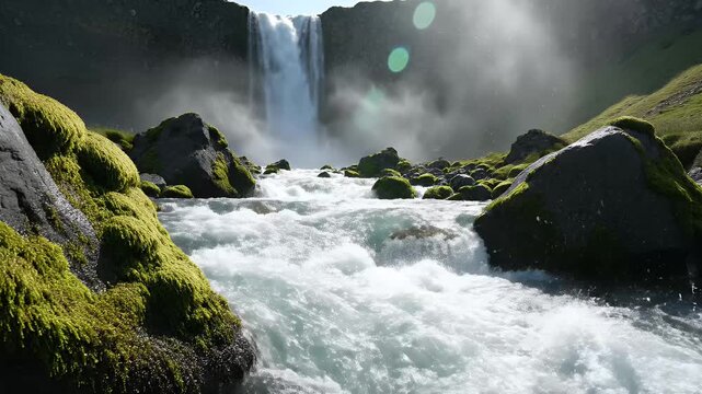 Majestic waterfall cascading down mossy rocks into a rushing river with sun glare, a pristine natural landscape