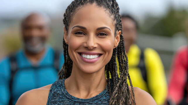 Close-up portrait of a smiling young adult Black woman with braided hair, wearing athletic wear outdoors with blurred friends