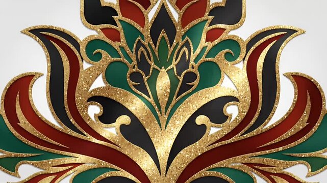 ornate damask pattern with gold glitter accents, rich colors, decorative flourish, luxury design element, fabric pattern