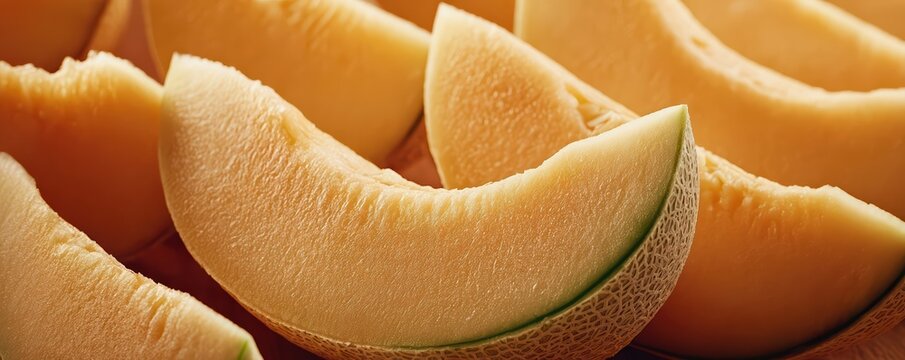 Ultra wide macro view of juicy cantaloupe slices with soft orange flesh and creamy highlights. Premium food photography showcasing fresh melon texture and vibrant color.